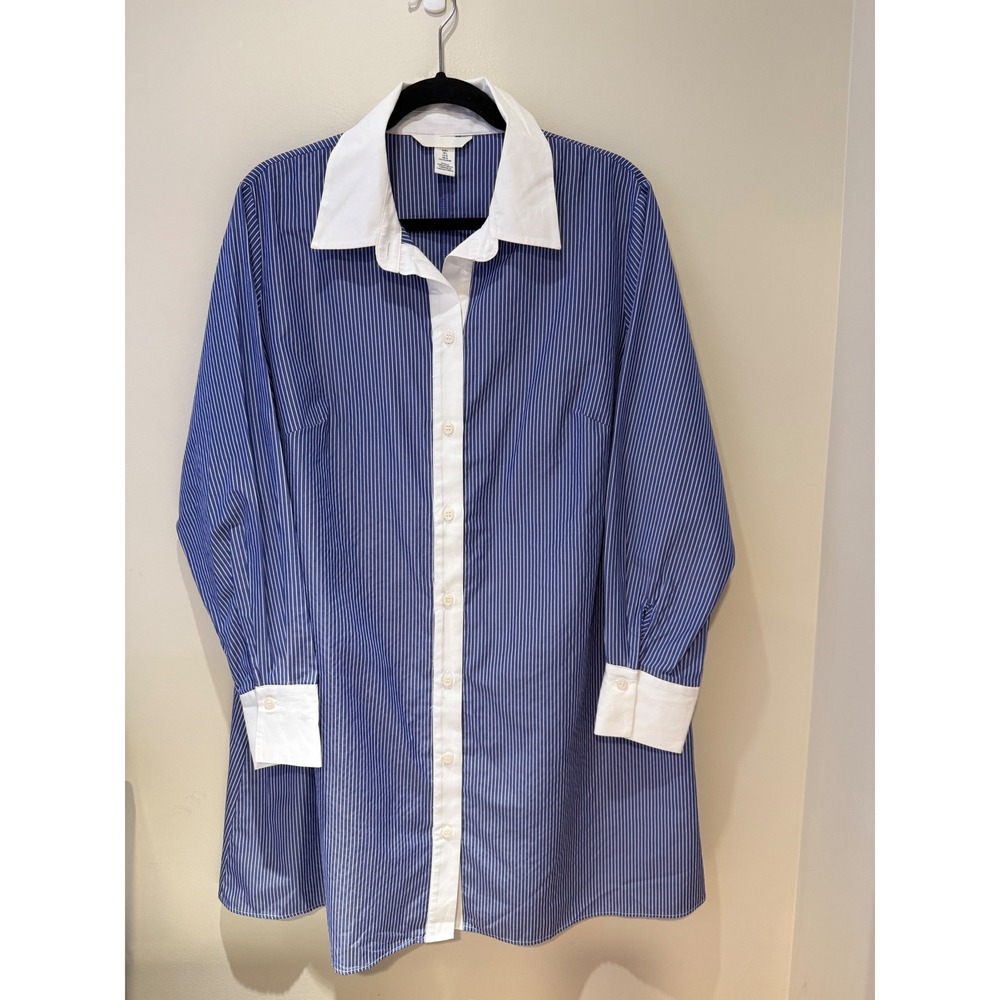 HM Blue White Striped Button Down Shirt Dress Long Sleeve Contrast Collar L